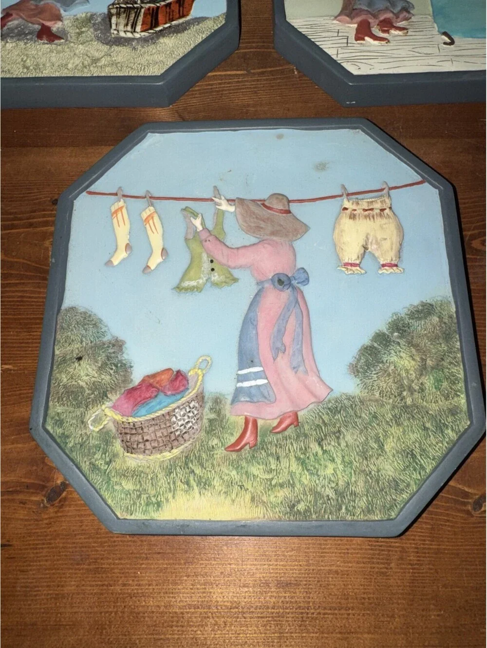 VTG 3D Wall Hanging Lot Laundry Scenes Octagon Home Decor Washing Clothing Theme